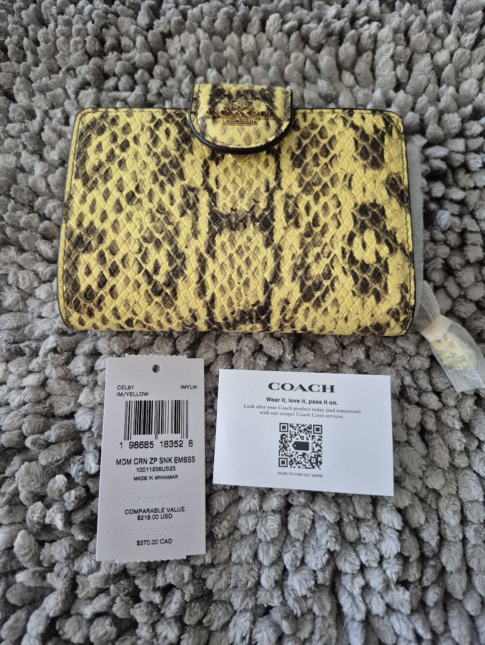 Coach Yellow Snakeskin-Embossed Leather Wallet NWT